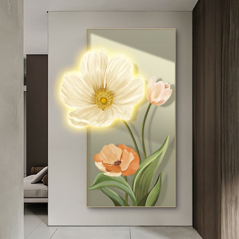 Modern Crystal Glass Painting with Metal Framing and LED Light - 24 x 48 Inch