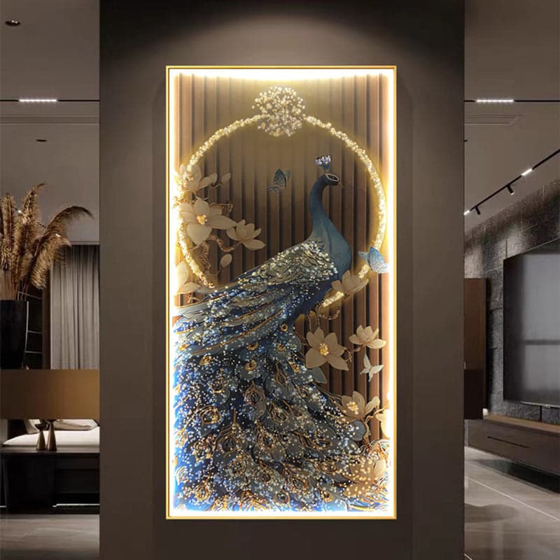 Peacock Modern Crystal Painting Set with Metal Framing - Golden Frame, Crystal & Glass Work - LED Light